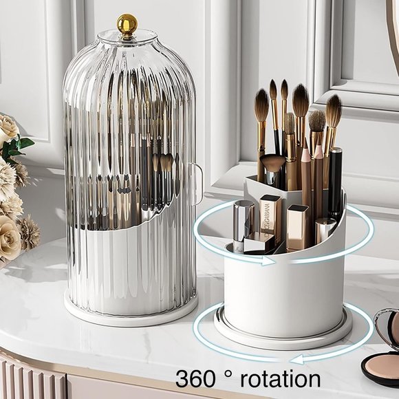 Transparent white 360°Rotating Makeup Brush Organizer With Lid for Easy Access - Picture 2 of 6